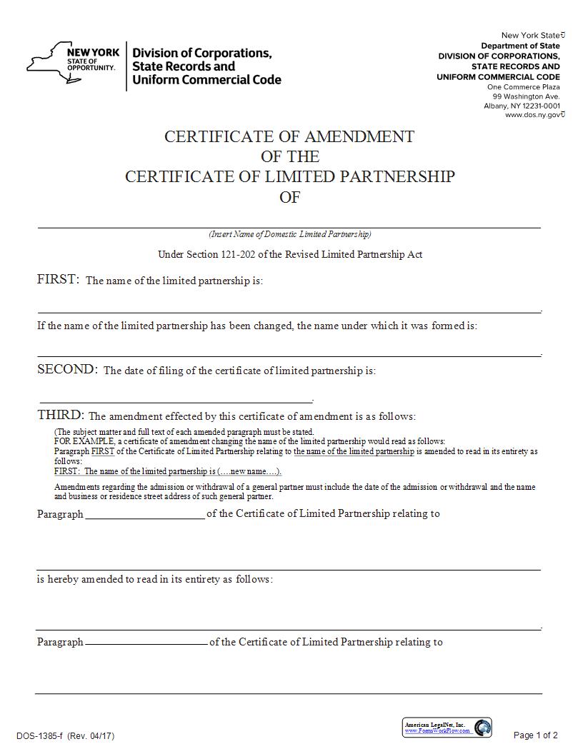 Certificate Of Amendment (Domestic Limited Partnership) {DOS-1385-f} | Pdf Fpdf Docx | New York