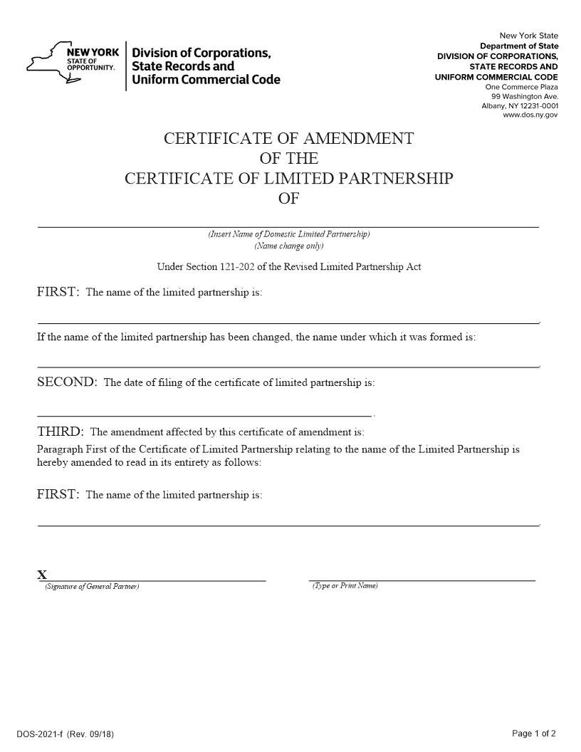 Certificate Of Amendment (Domestic Limited Partnership) Name Change Only) {DOS-2021-f} | Pdf Fpdf Docx | New York
