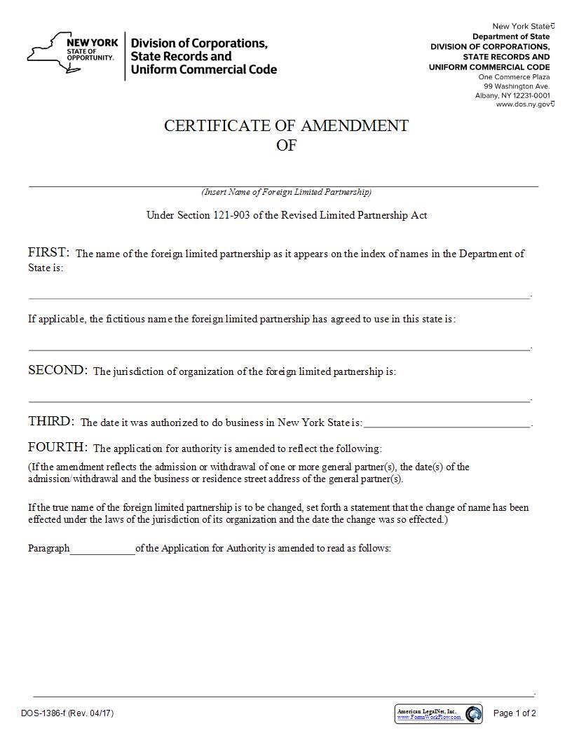 Certificate Of Amendment (Foreign Limited Partnership) {DOS-1386-f} | Pdf Fpdf Docx | New York