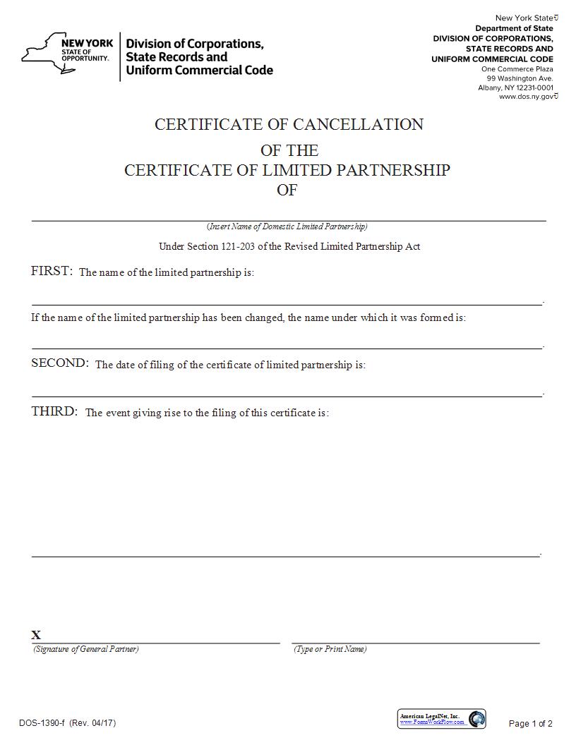 Certificate Of Cancellation (Domestic Limited Partnership) {DOS-1390-f} | Pdf Fpdf Docx | New York