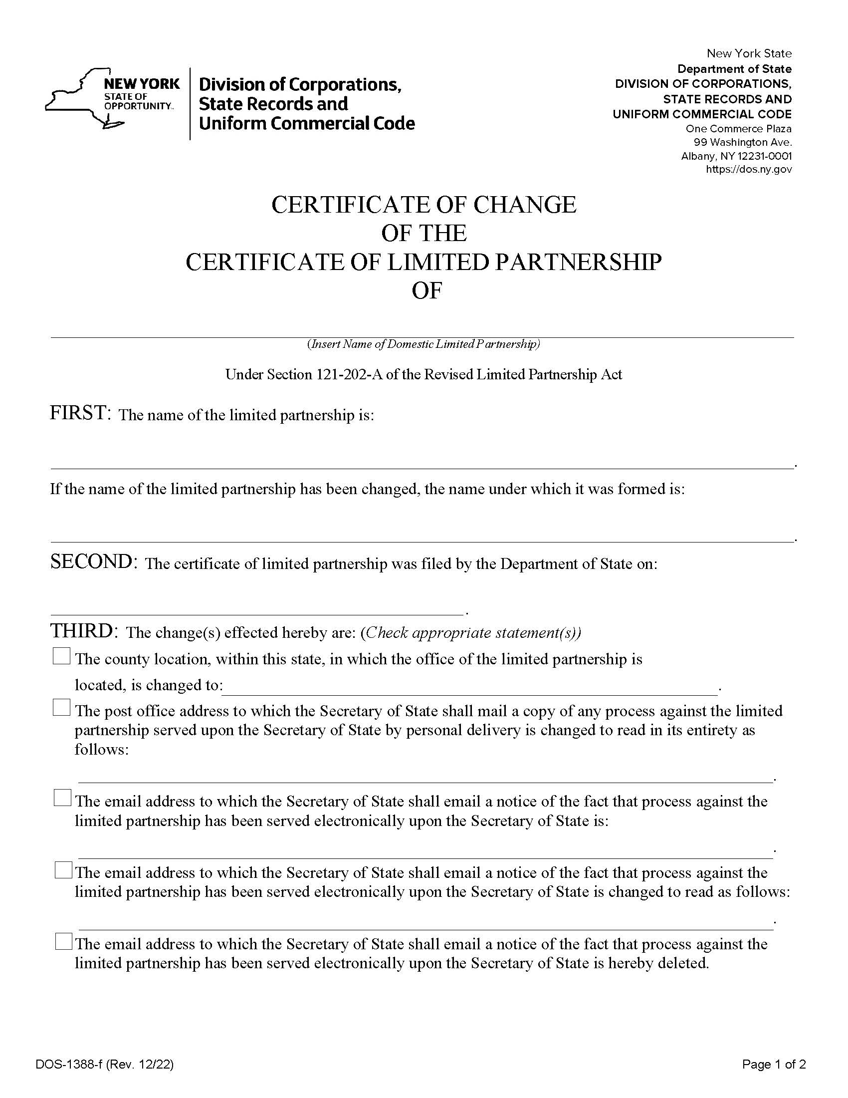 Certificate Of Change (Domestic Limited Partnership) {DOS-1388-f} | Pdf Fpdf Docx | New York