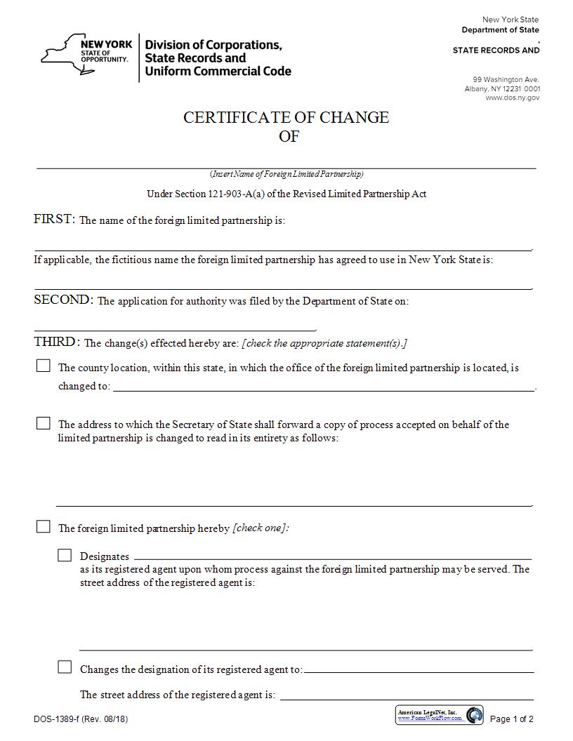 Certificate Of Change (Foreign Limited Partnership) {DOS-1389-f} | Pdf Fpdf Docx | New York