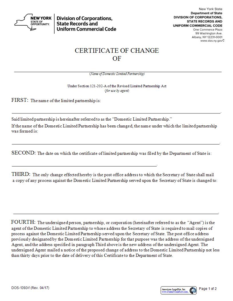 Certificate Of Change Of Address (Domestic Limited Partnership) {DOS-1393-f} | Pdf Fpdf Docx | New York