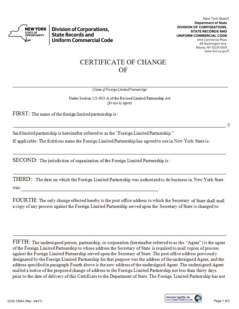 Certificate Of Change Of Address (Foreign Limited Partnership) {DOS-1394-f} | Pdf Fpdf Docx | New York