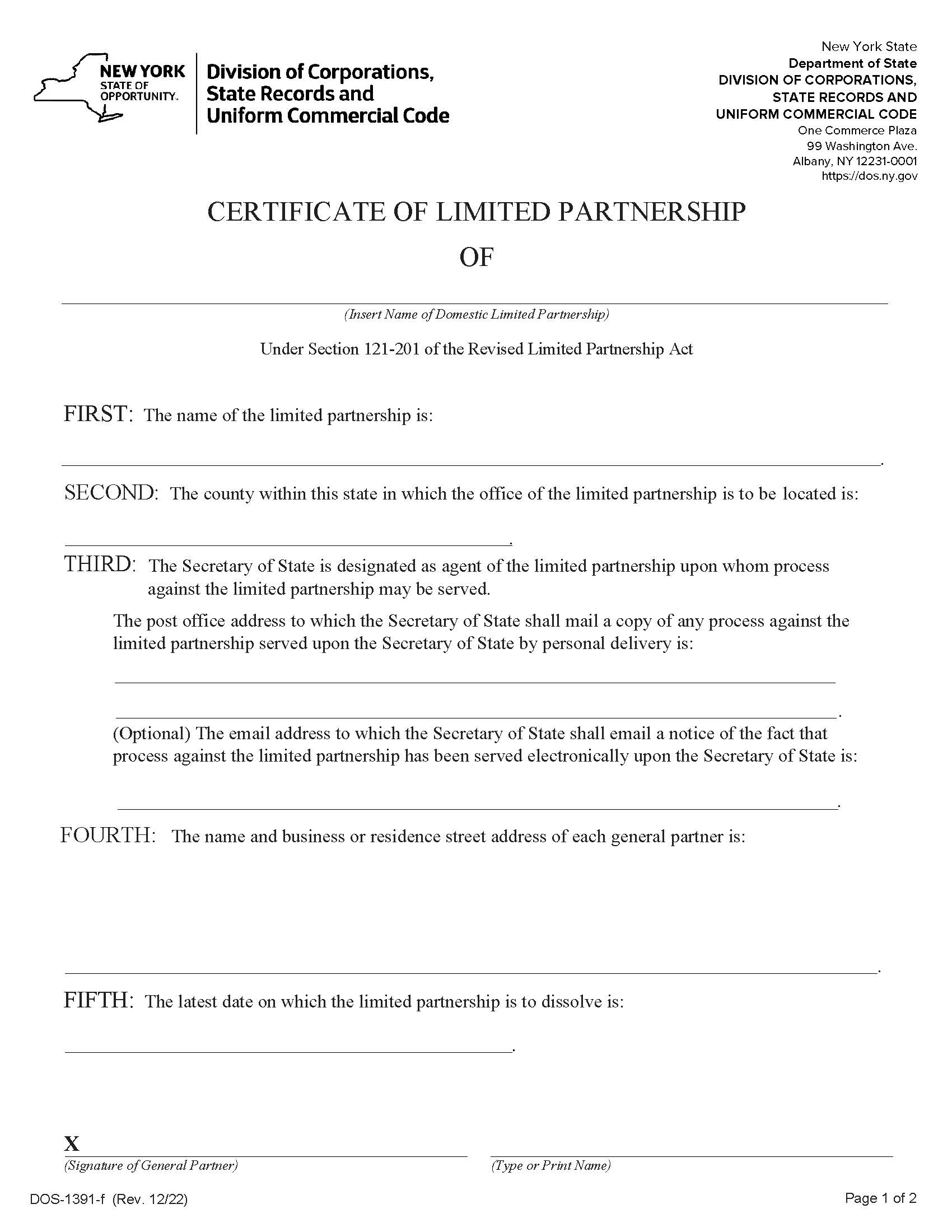 Certificate Of Limited Partnership {DOS-1391-f} | Pdf Fpdf Docx | New York