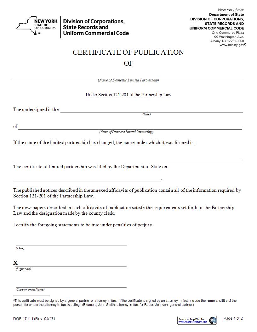 Certificate Of Publication {DOS-1711-f} | Pdf Fpdf Docx | New York