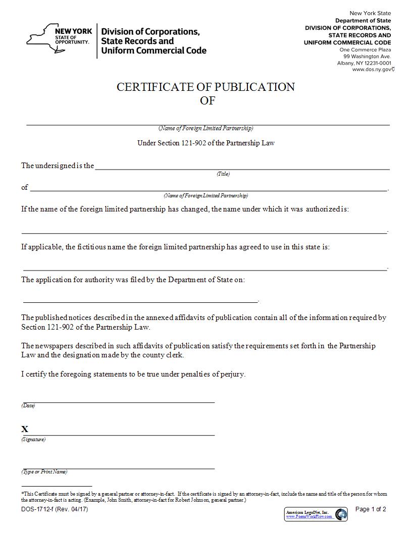 Certificate Of Publication (Foreign LP) {DOS-1712-f} | Pdf Fpdf Docx | New York