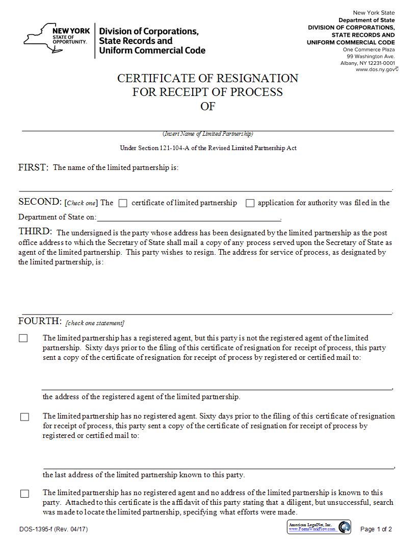 Certificate Of Resignation For Receipt Of Process (Limited Partnership) {DOS-1395-f} | Pdf Fpdf Docx | New York