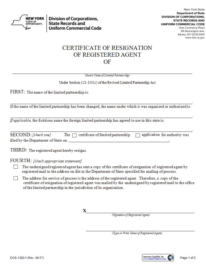 Certificate Of Resignation Of Registered Agent (Limited Partnership) {DOS-1392-f} | Pdf Fpdf Docx | New York