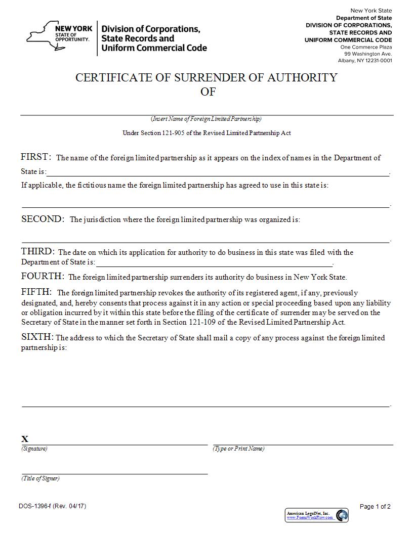 Certificate Of Surrender Of Authority (Foreign Limited Partnership) {DOS-1396-f} | Pdf Fpdf Docx | New York