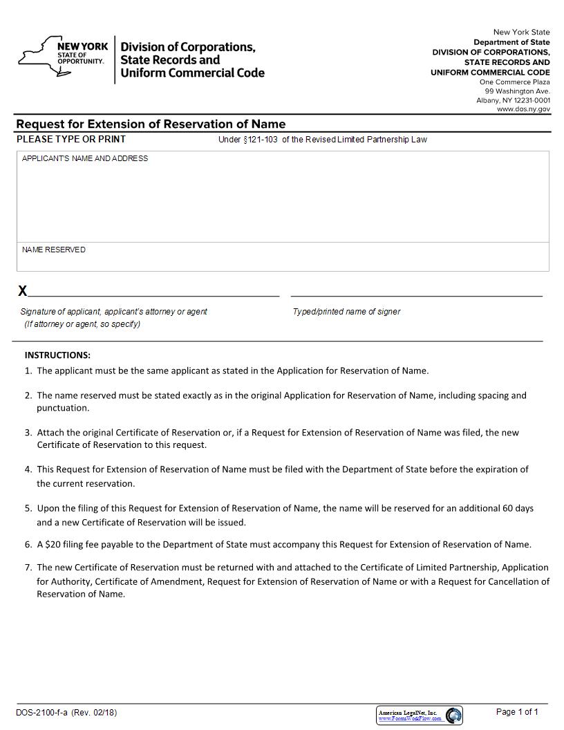 Request For Extension Of Reservation Of Name LP {DOS-2100-f-a} | Pdf Fpdf Docx | New York