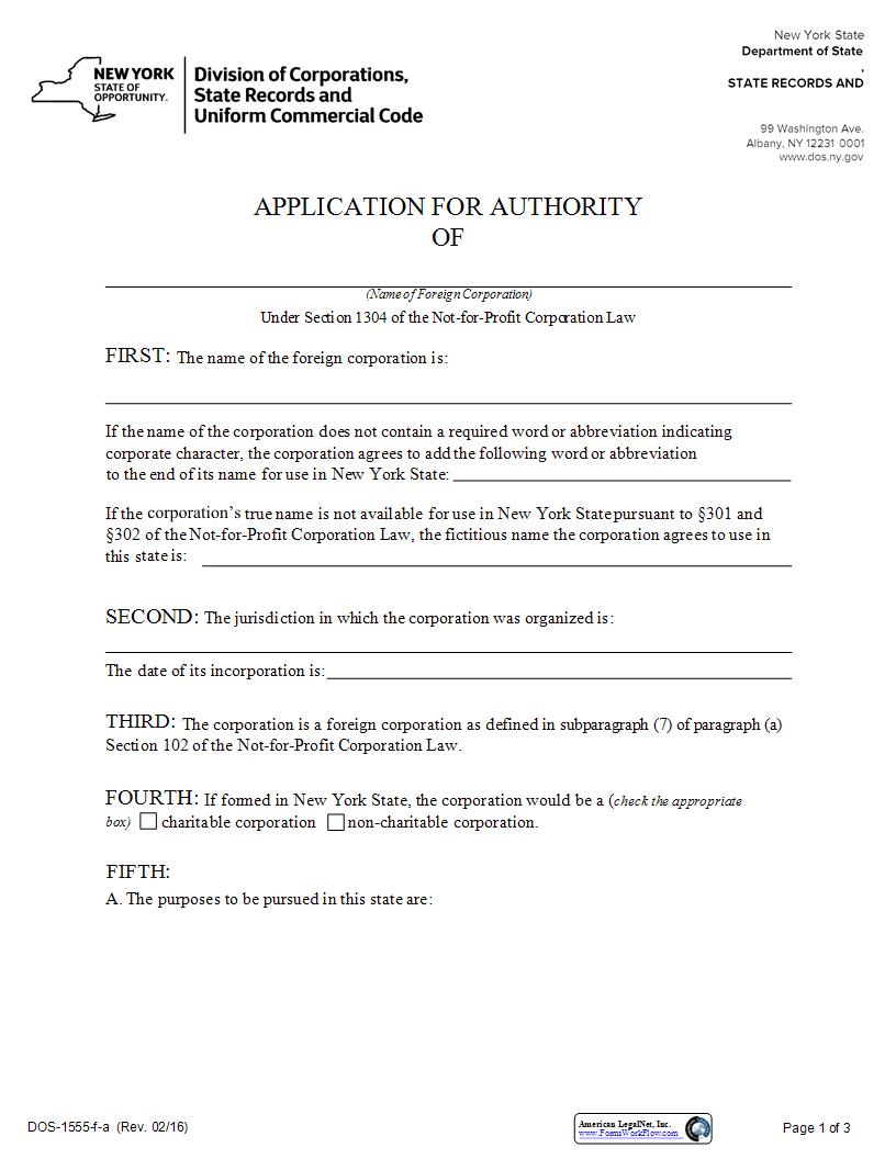 Application For Authority (Foreign Not For Profit Corp) {DOS-1555-f} | Pdf Fpdf Docx | New York
