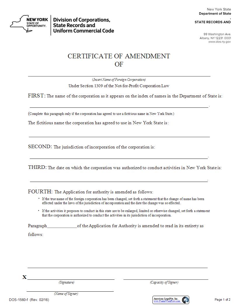 Certificate Of Amendment (Foreign Not For Profit Corp) {DOS-1560-f} | Pdf Fpdf Docx | New York