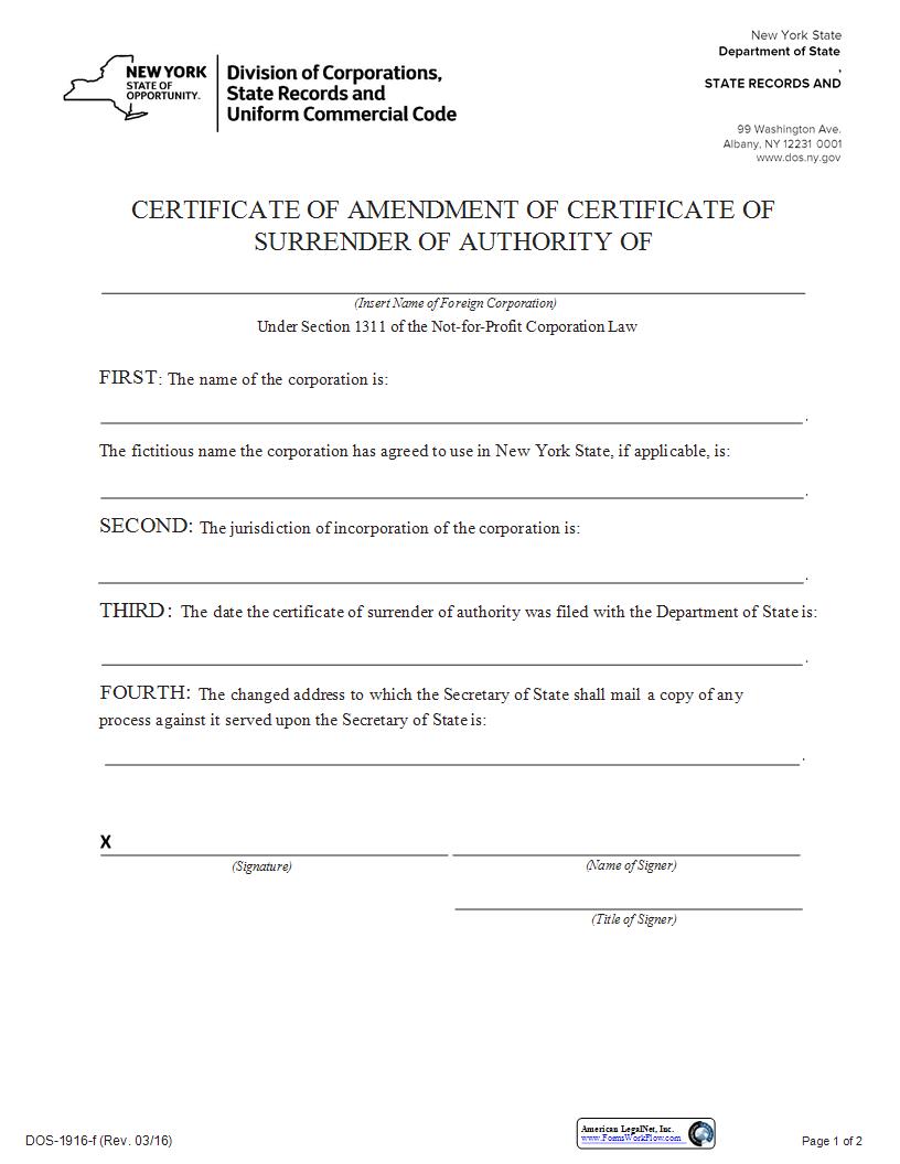 Certificate Of Amendment Certificate Of Surrender Of Authority (Foreign NFP) {DOS-1916-f} | Pdf Fpdf Docx | New York