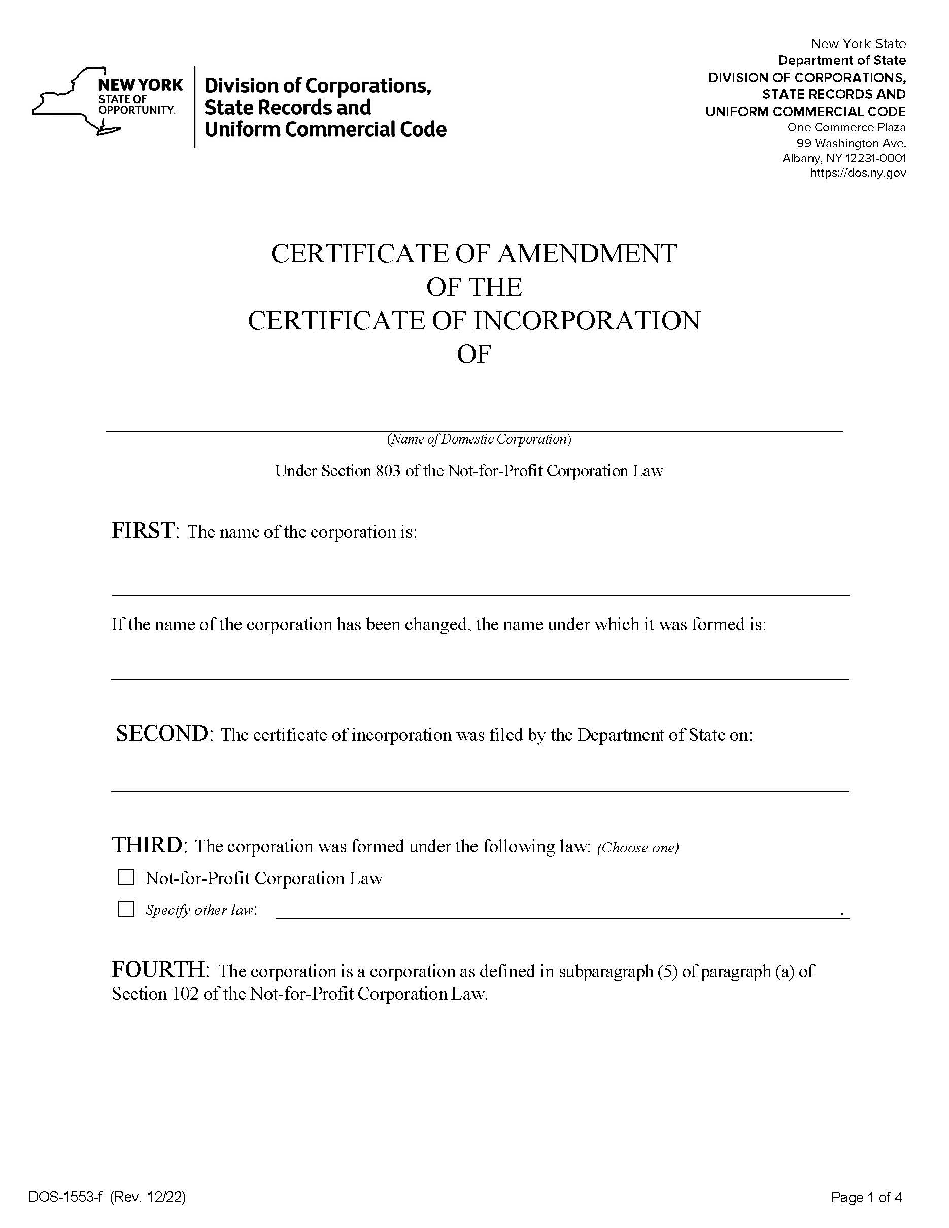 Certificate Of Amendment Of Certificate Of Incorporation Domestic NFP {DOS-1553-f} | Pdf Fpdf Docx | New York