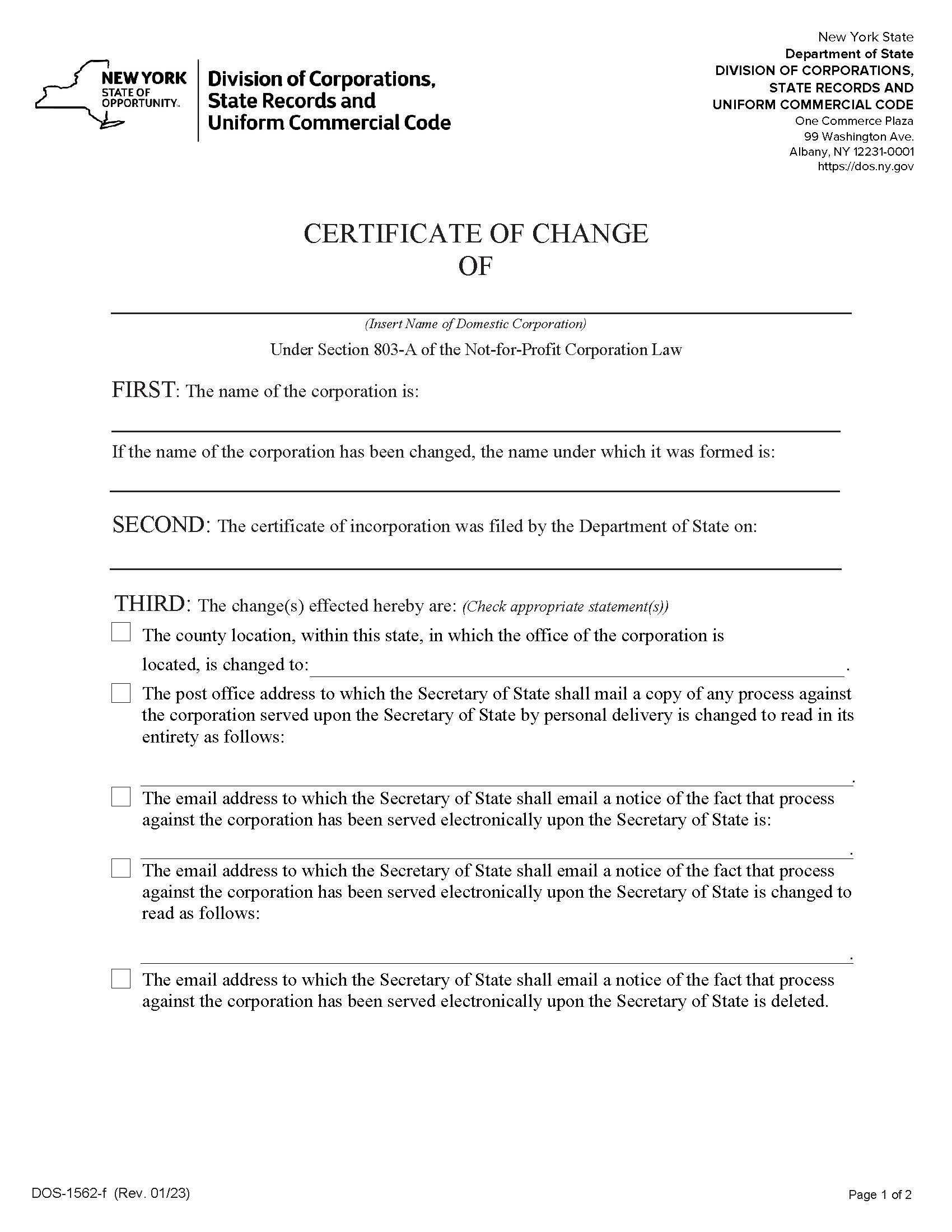 Certificate Of Change (Domestic Corp) {DOS-1562-f} | Pdf Fpdf Docx | New York