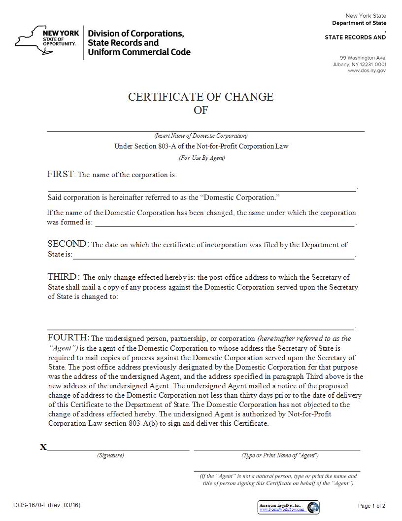 Certificate Of Change (Domestic NFP Corp) {DOS-1670-f} | Pdf Fpdf Docx | New York