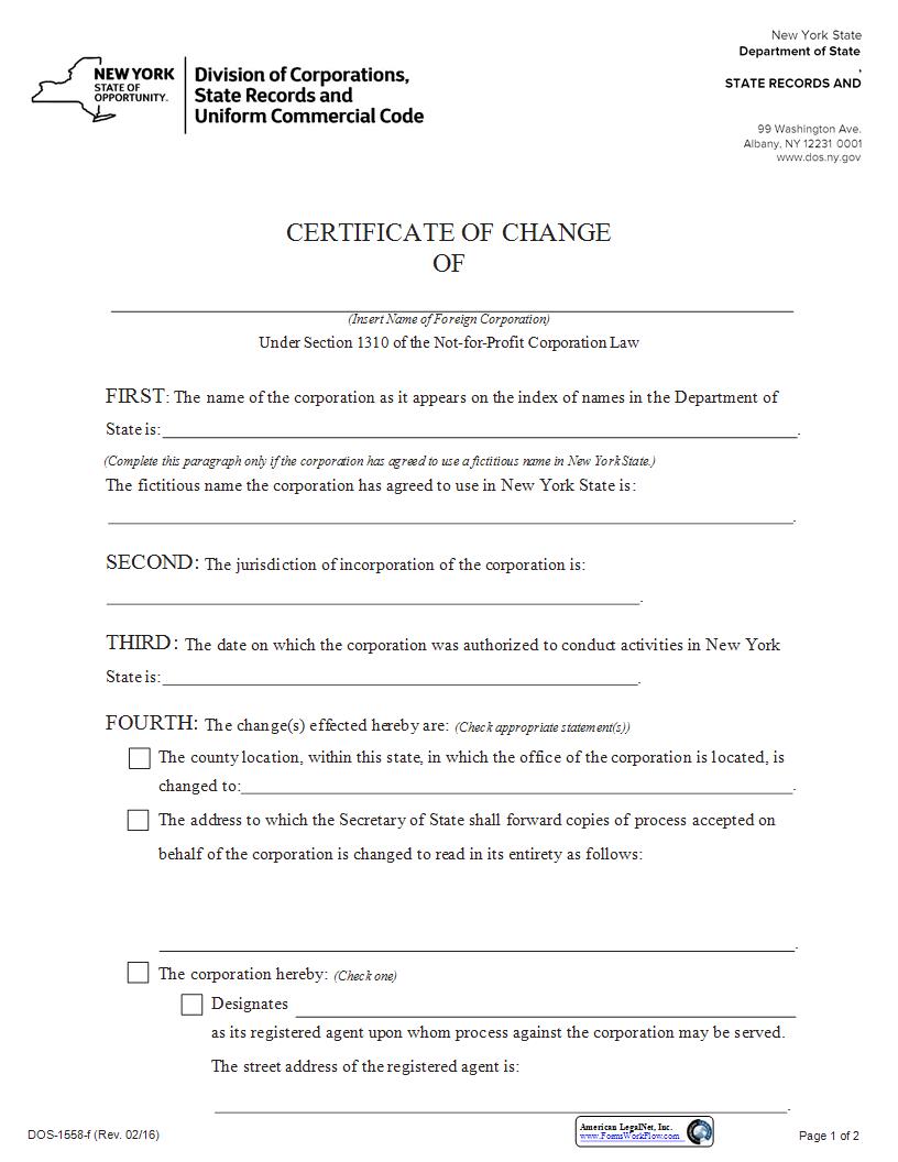 Certificate Of Change (Foreign Not-For-Profit) {DOS-1558-f} | Pdf Fpdf Docx | New York