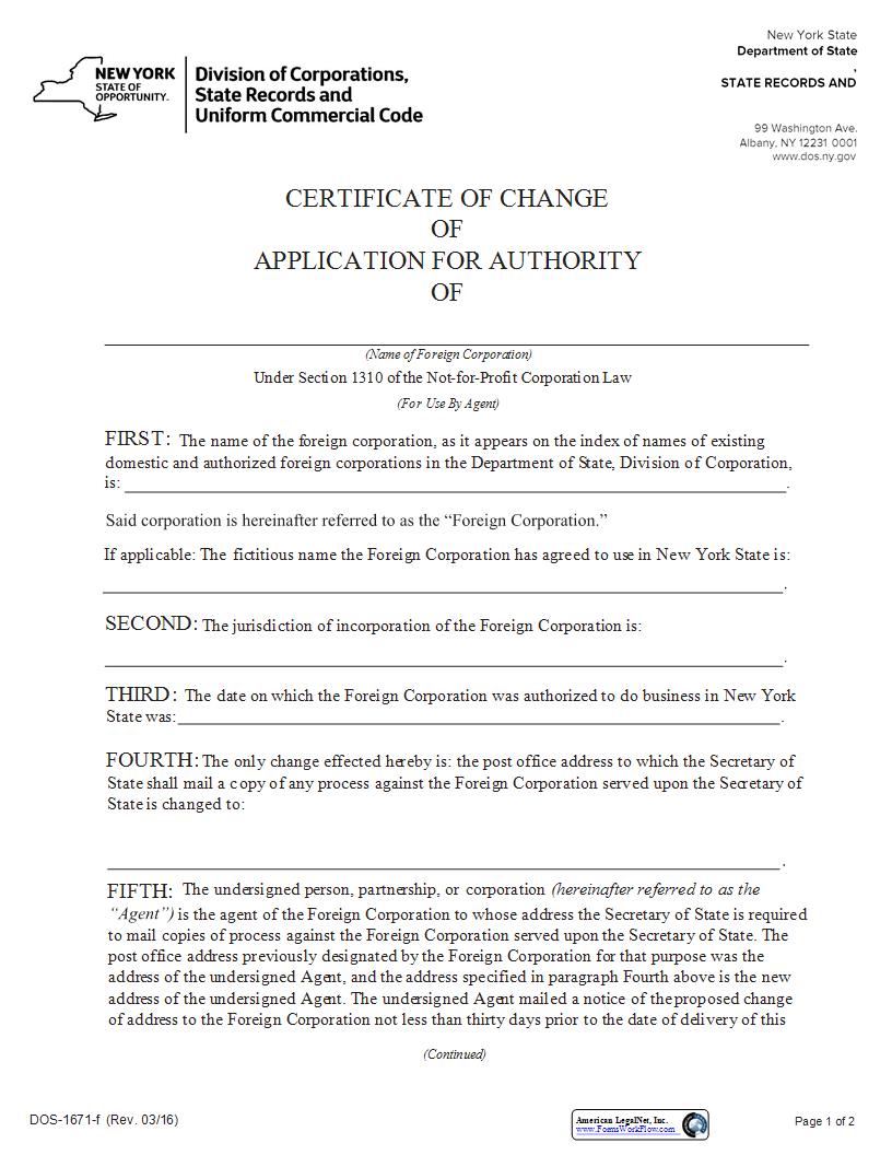 Certificate Of Change Of Application For Authority (Foreign NFP Corp) {DOS-1671-f} | Pdf Fpdf Docx | New York