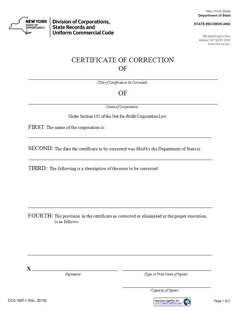 Certificate Of Correction {DOS-1667-f} | Pdf Fpdf Docx | New York