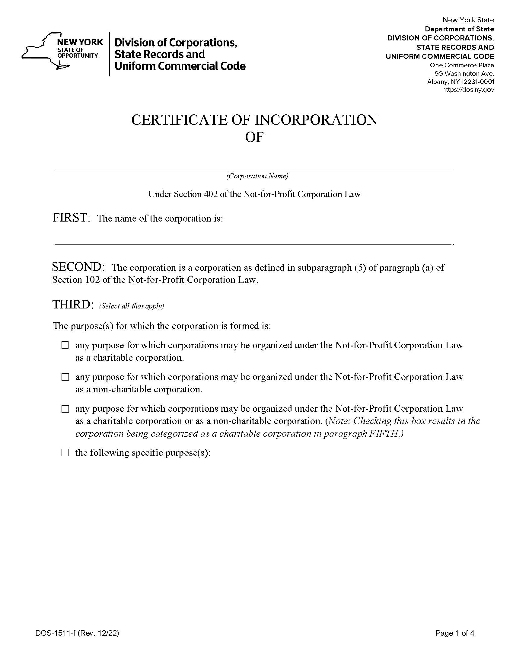 Certificate Of Incorporation {DOS-1511-f} | Pdf Fpdf Doc Docx | New York