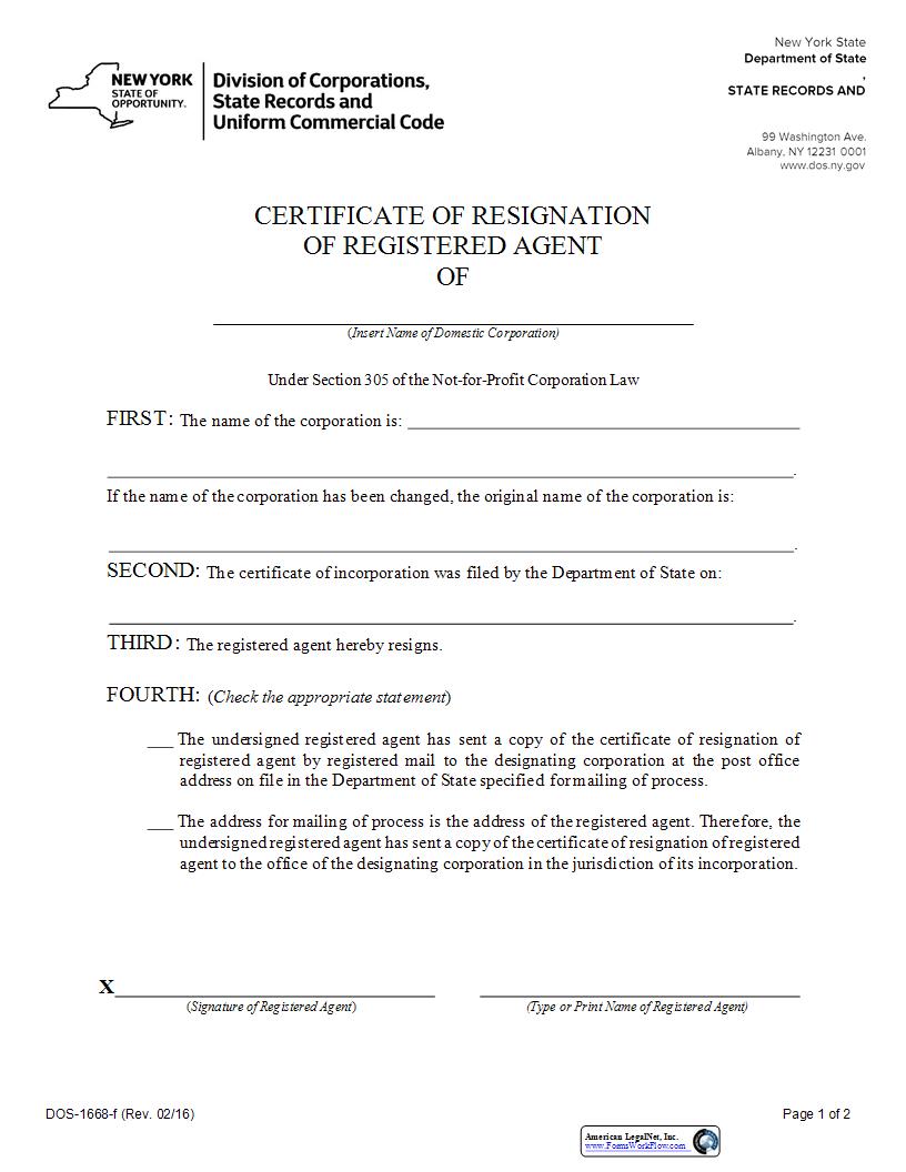 Certificate Of Resignation Of Registered Agent (Domestic NFP Corp) {DOS-1668-f} | Pdf Fpdf Docx | New York