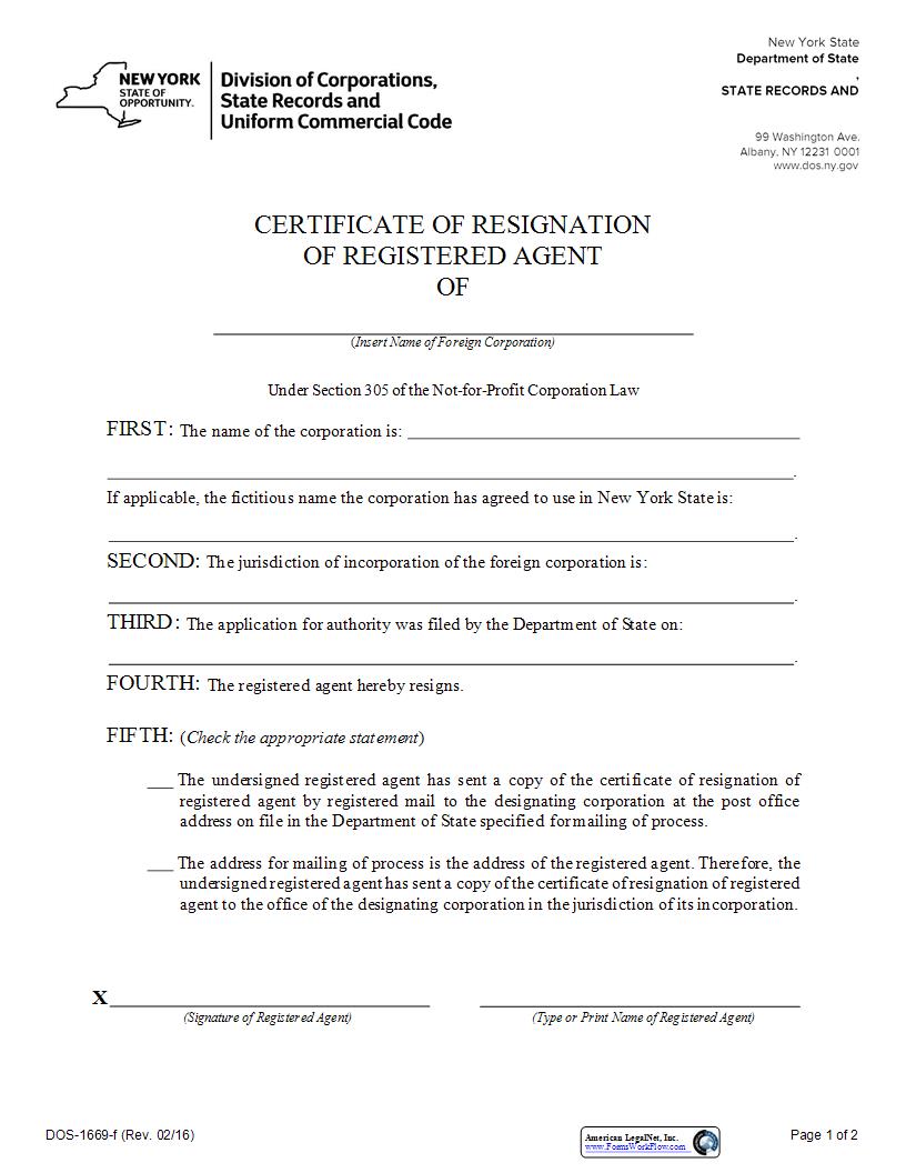 Certificate Of Resignation Of Registered Agent (Foreign NFP Corp) {DOS-1669-f} | Pdf Fpdf Docx | New York