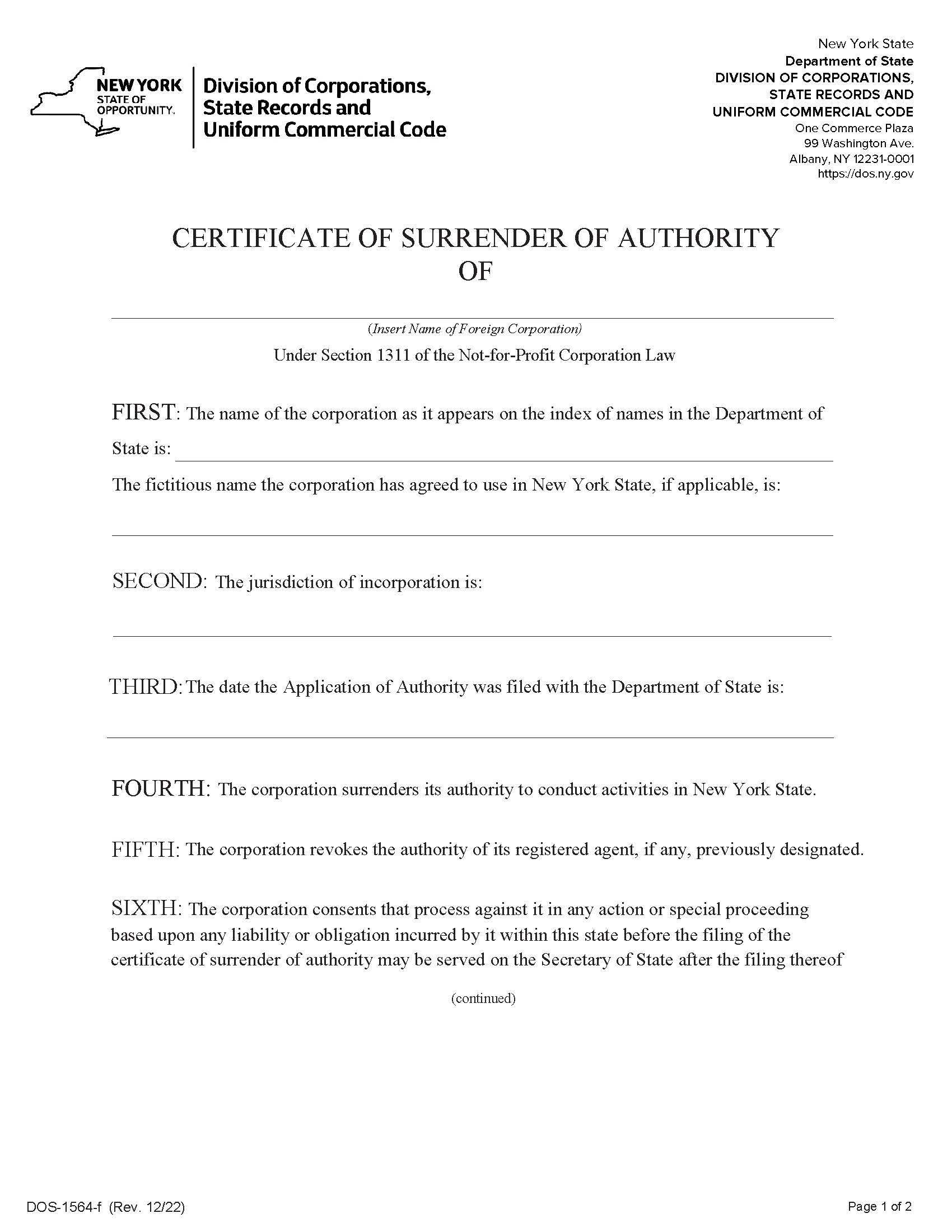 Certificate Of Surrender Of Authority (Foreign NFP) {DOS-1564-f} | Pdf Fpdf Docx | New York