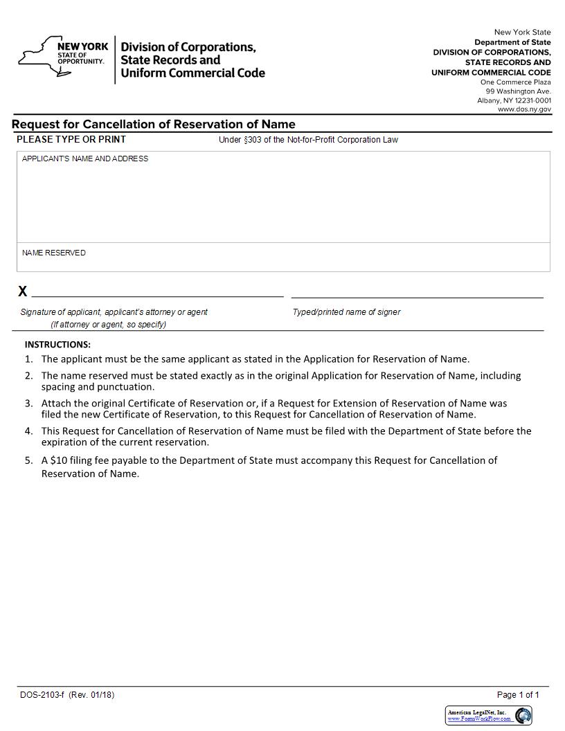 Request For Cancellation Of Reservation Of Name {DOS-2103-f} | Pdf Fpdf Docx | New York