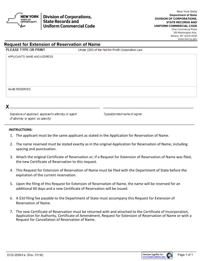 Request For Extension Of Reservation Of Name {DOS-2099-f} | Pdf Fpdf Docx | New York