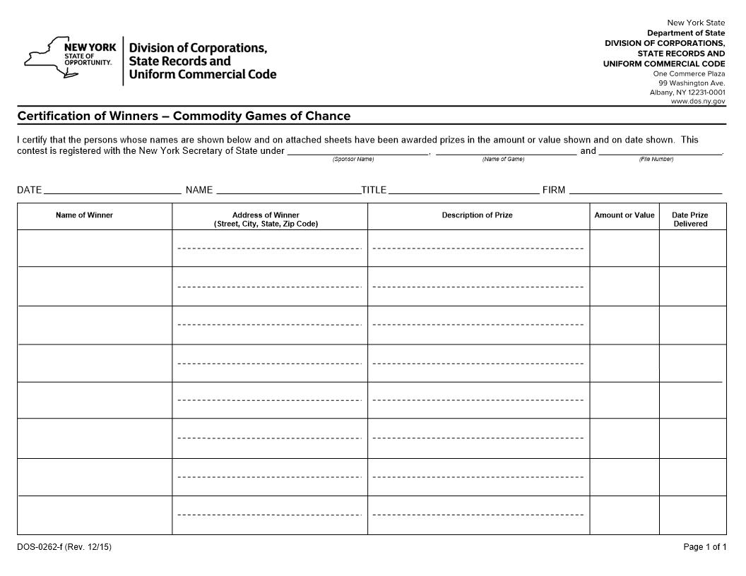 Certification Of Winners Commodity Games Of Chance {DOS-0262-f} | Pdf Fpdf Docx | New York