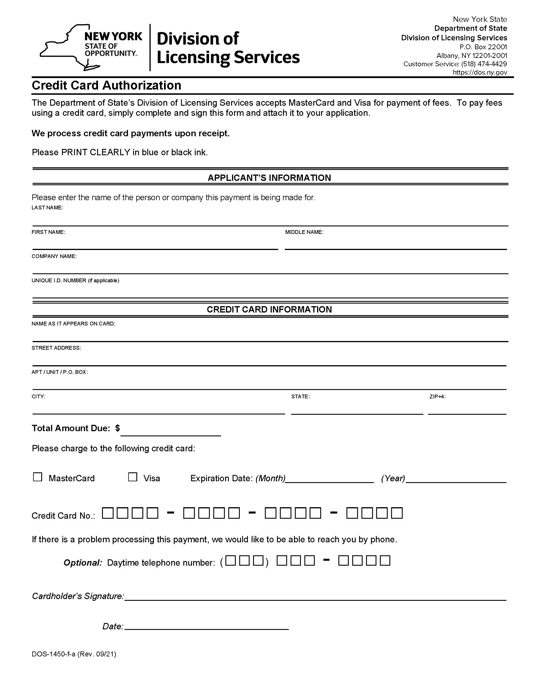 Credit Card Authorization {DOS-1450-f-a} | Pdf Fpdf Docx | New York