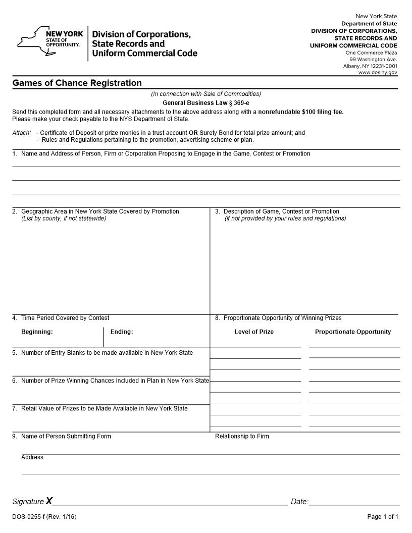 Games Of Chance Registration {DOS-0255-f} | Pdf Fpdf Docx | New York