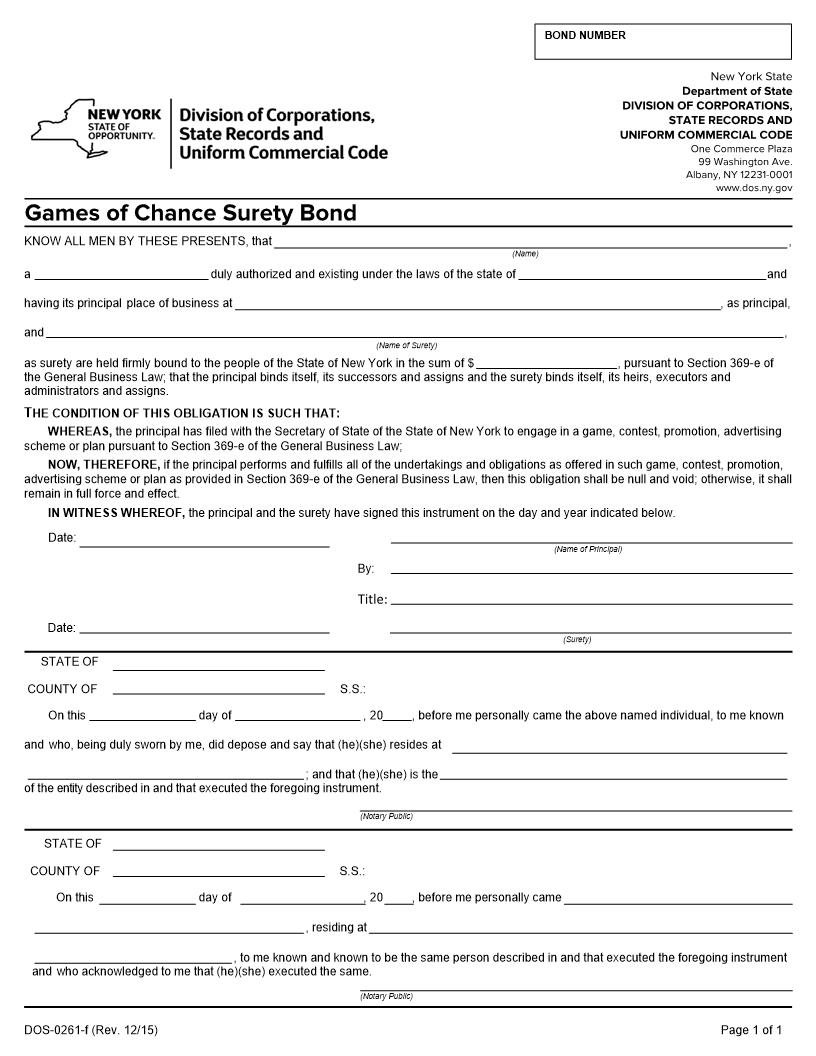 Games Of Chance Surety Bond {DOS-0261-f} | Pdf Fpdf Docx | New York