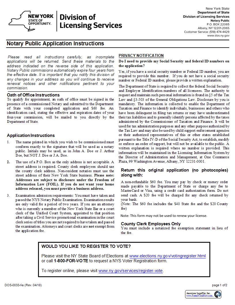 Notary Public Application {DOS-0033-f-a} | Pdf Fpdf Docx | New York