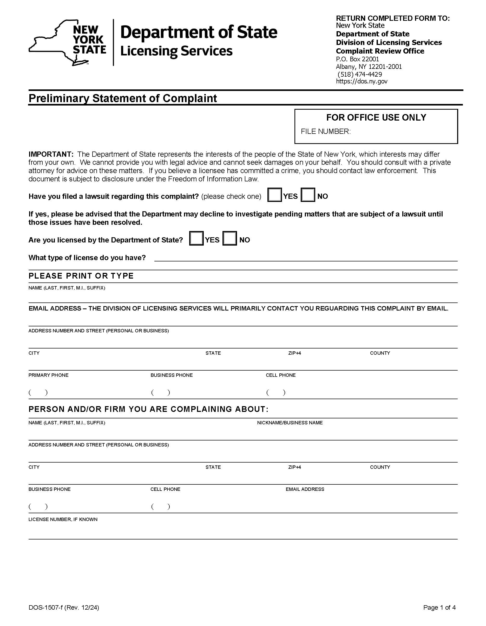 Preliminary Statement Of Complaint {DOS-1507-f} | Pdf Fpdf Docx | New York