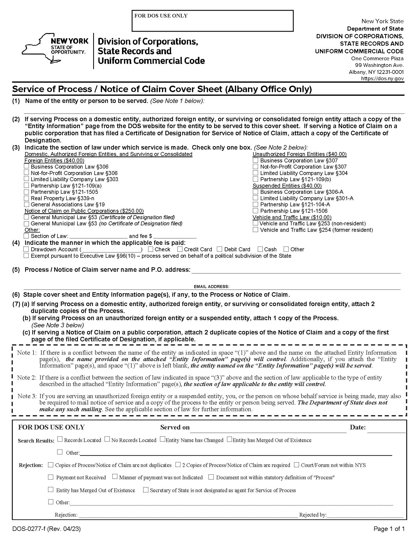 Service of Process - Notice of Claim Cover Sheet (Albany Only) {DOS-0277-f} | Pdf Fpdf Doc Docx | New York