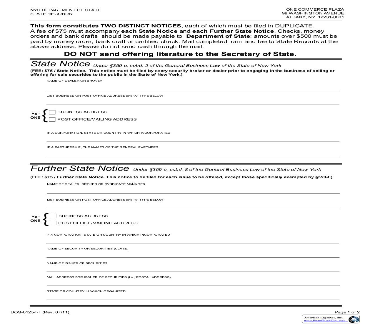 State Notice And Further State Notice {DOS-125-f-l} | Pdf Fpdf Doc Docx | New York