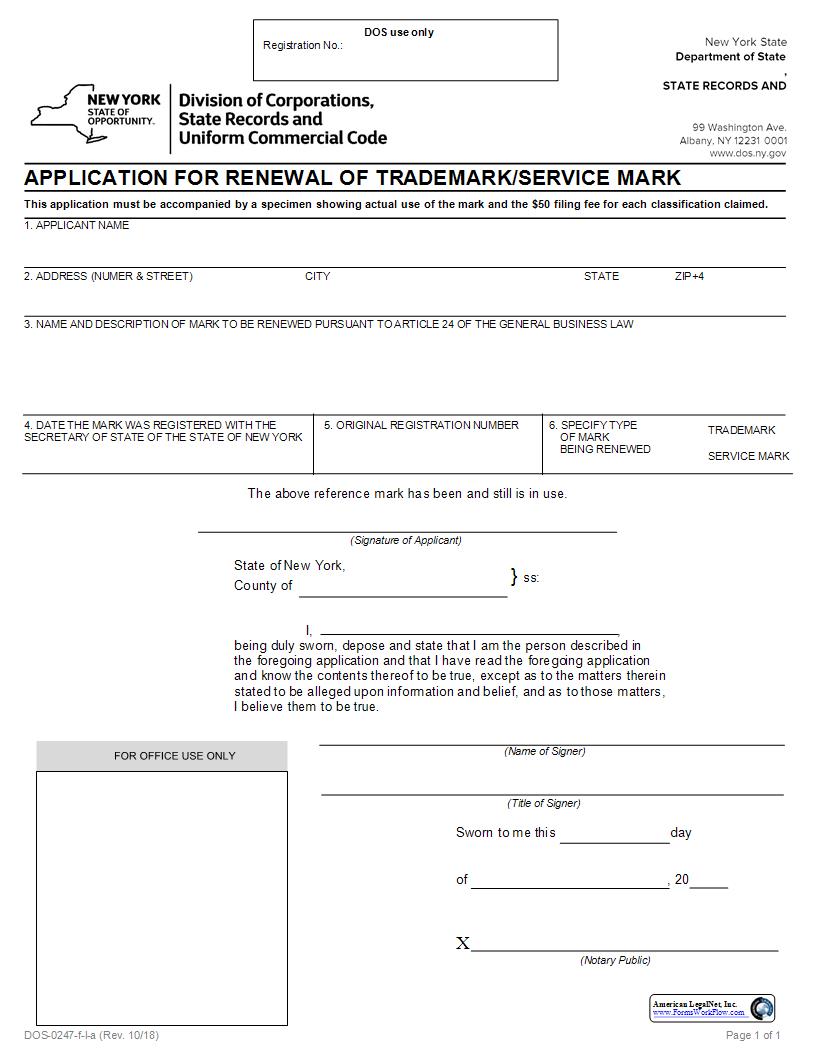 Application For Renewal Of Trademark Or Servicemark {DOS-0247-f-l-a} | Pdf Fpdf Docx | New York