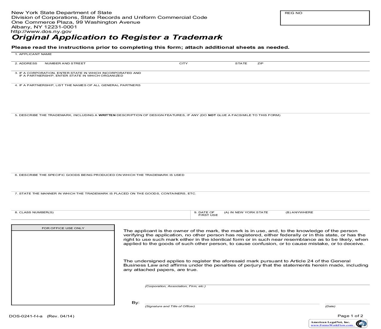 Original Application To Register A Trademark {DOS-241-f-l-a} | Pdf Fpdf Doc Docx | New York