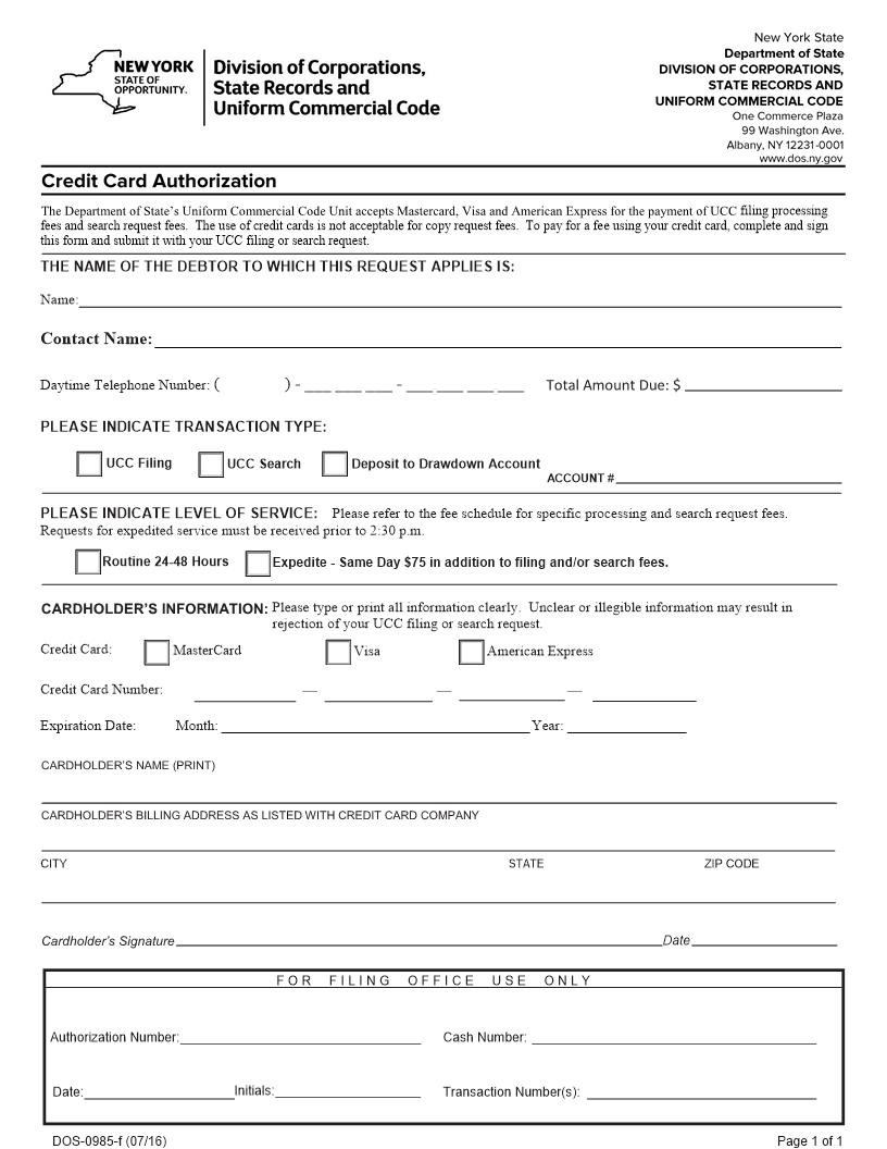 Credit Card Authorization {DOS-0985-f} | Pdf Fpdf Docx | New York