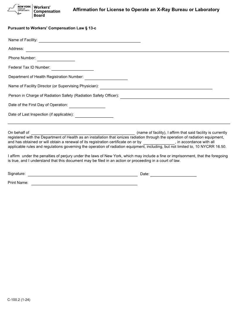 Affirmation For License To Operate An X-Ray Bureau Or Laboratory {C-100.2} | Pdf Fpdf Docx | New York