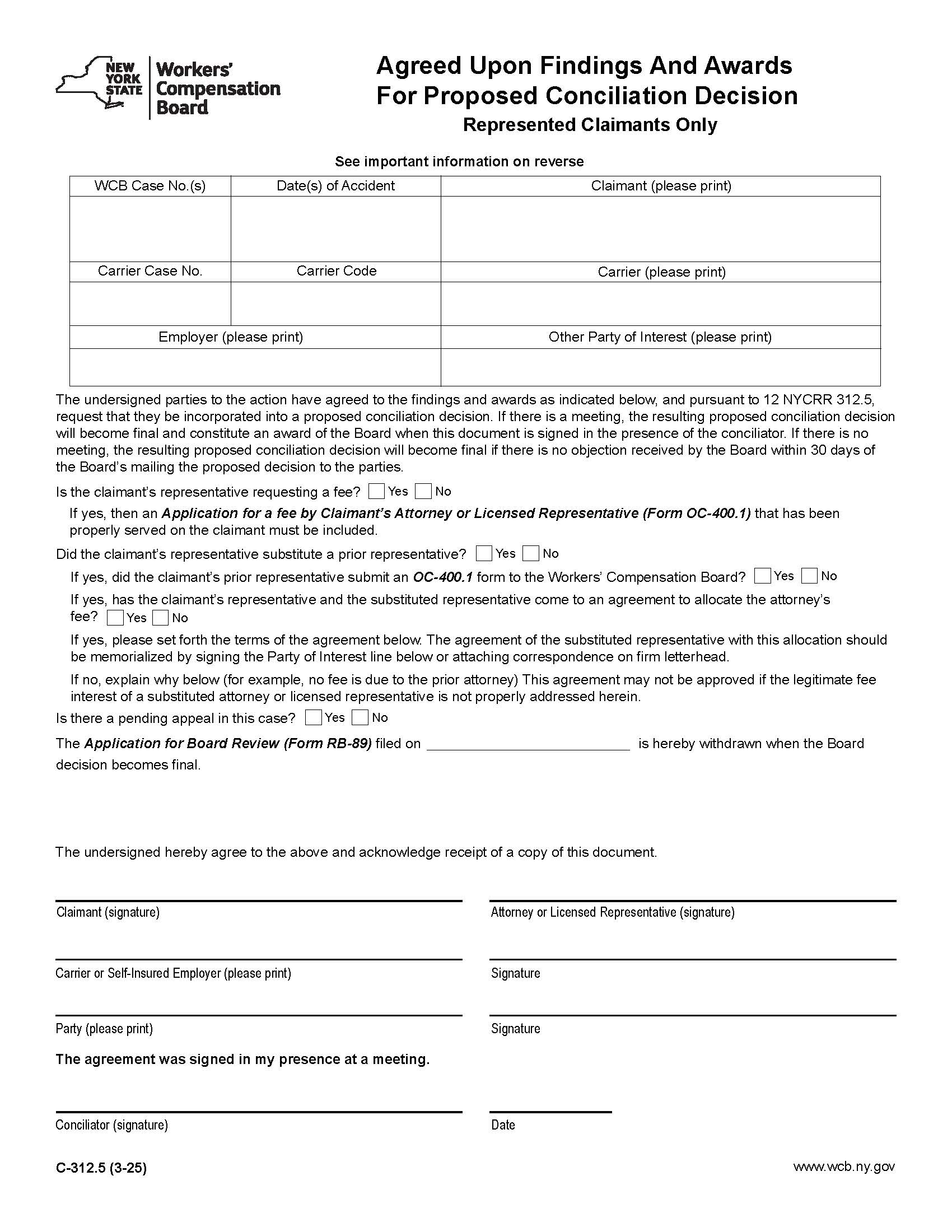 Agreed Upon Findings And Awards For Proposed Conciliation Decision (Represented Claimants Only) {C-312.5} | Pdf Fpdf Doc Docx | New York