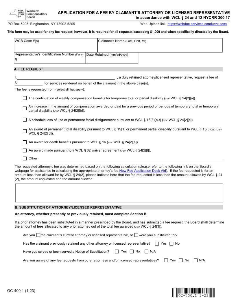 Application For A Fee By Claimants Attorney Or Representative {OC-400.1} | Pdf Fpdf Docx | New York