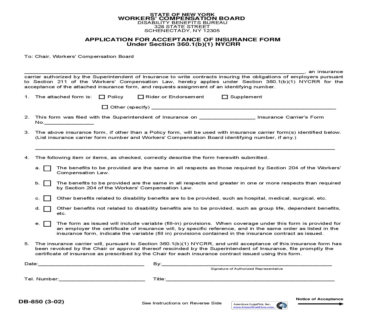 Application For Acceptance Of Insurance Form {DB-850} | Pdf Fpdf Docx | New York