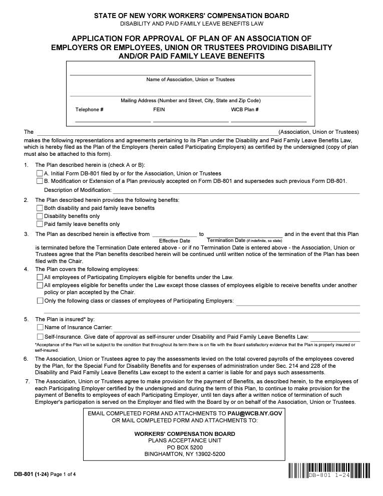 Application For Approval Plan Of Association - Disability Family Leave Benefits {DB-801} | Pdf Fpdf Docx | New York