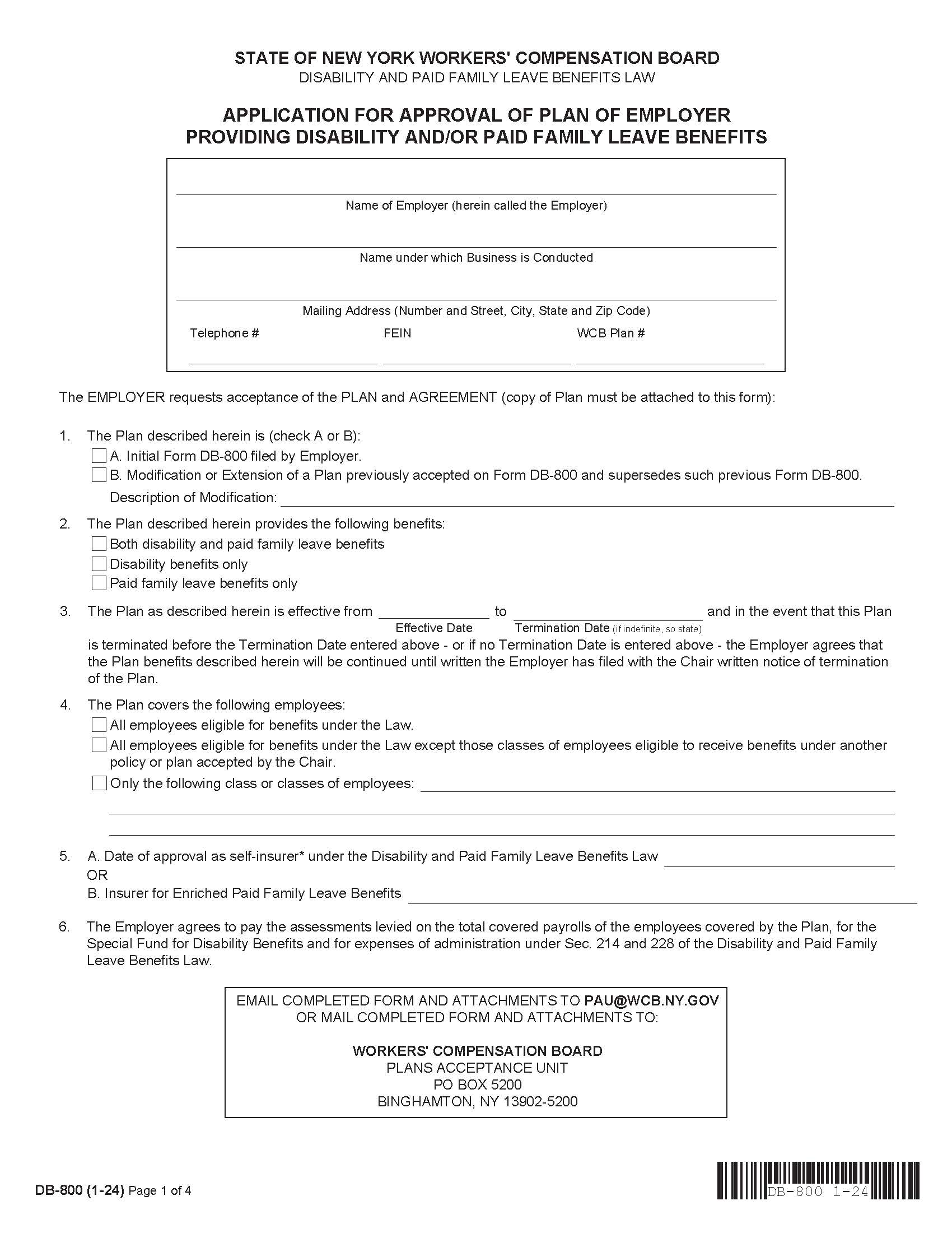 Application For Plan Of Employer - Disability And-Or Family Leave {DB-800} | Pdf Fpdf Docx | New York