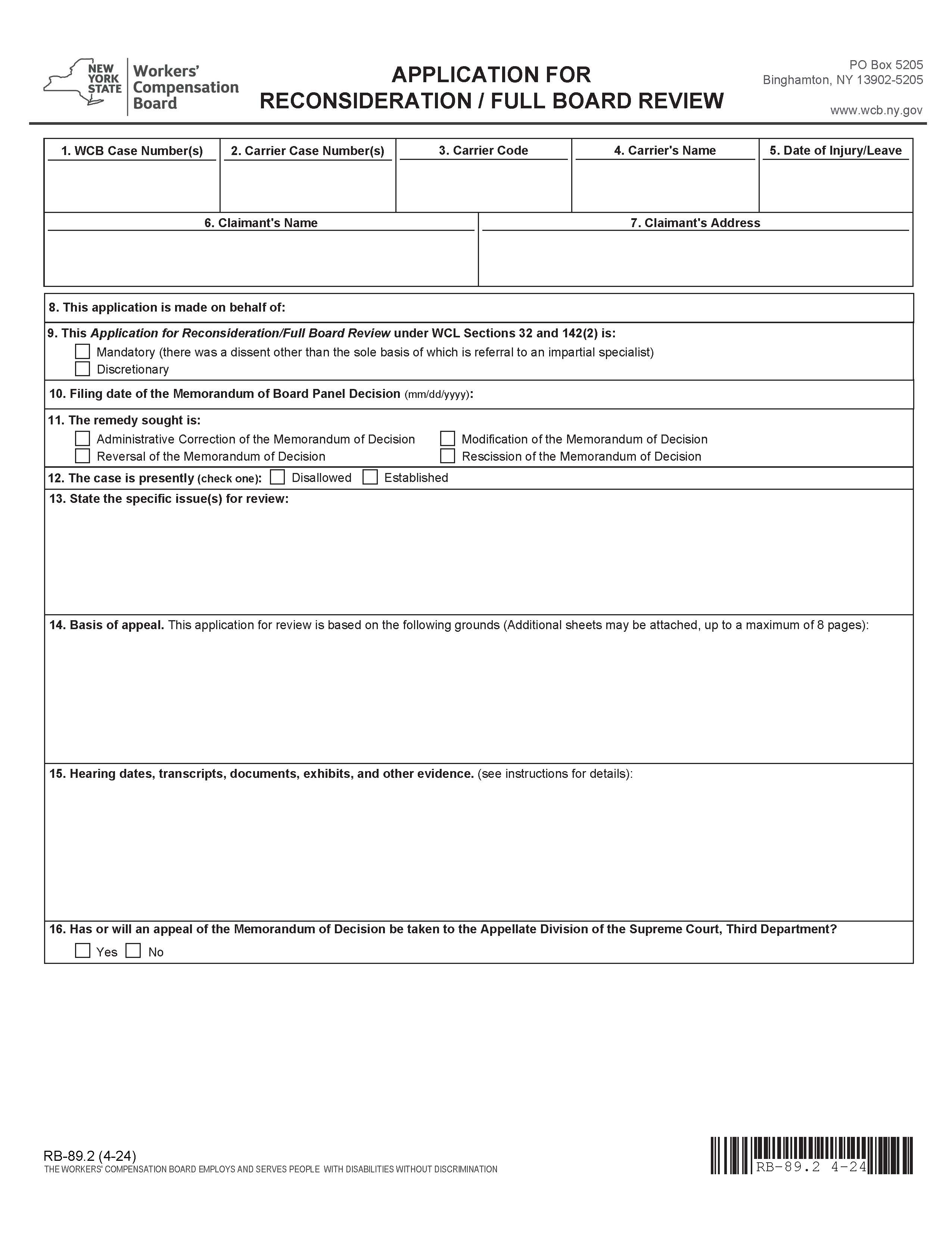 Application For Reconsideration Full Board Review {RB-89.2} | Pdf Fpdf Docx | New York