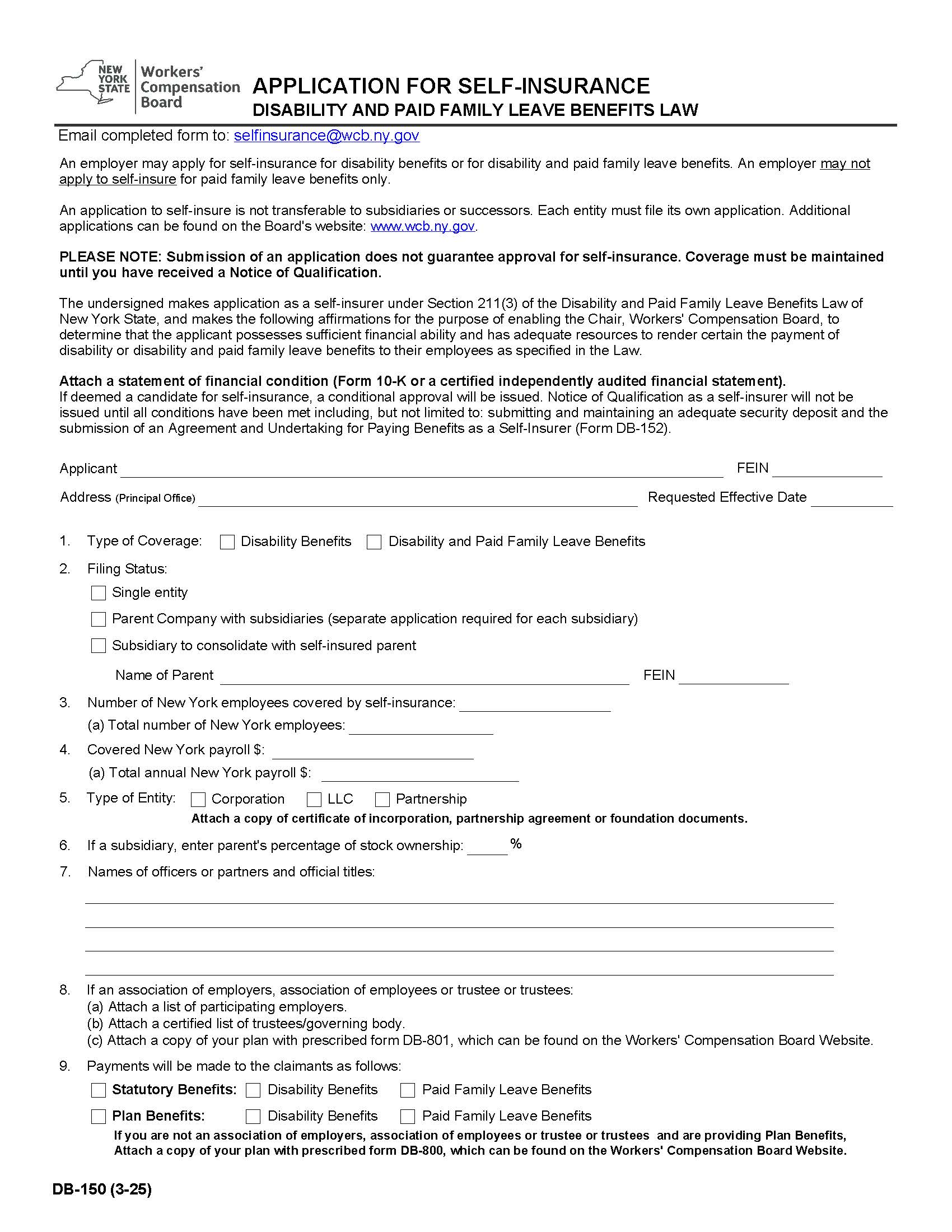 Application For Self-Insurance (Disability And Paid Family Leave Benefits) {DB-150} | Pdf Fpdf Docx | New York