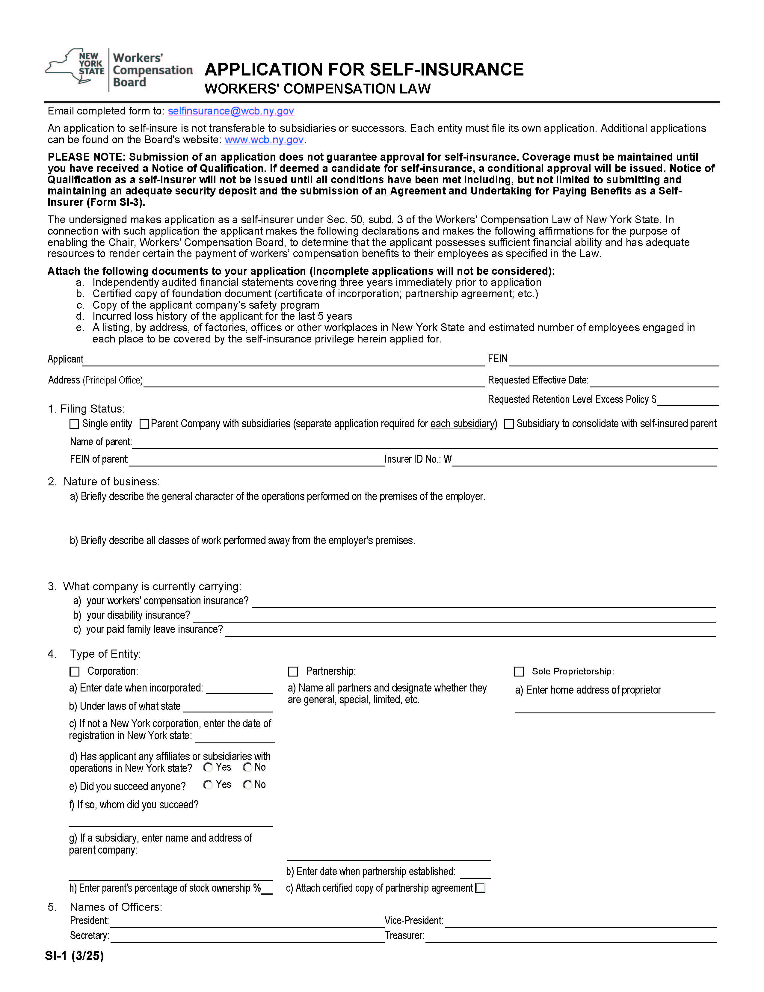 Application For Self-Insurance (Workers Compensation Law)) {SI-1} | Pdf Fpdf Docx | New York